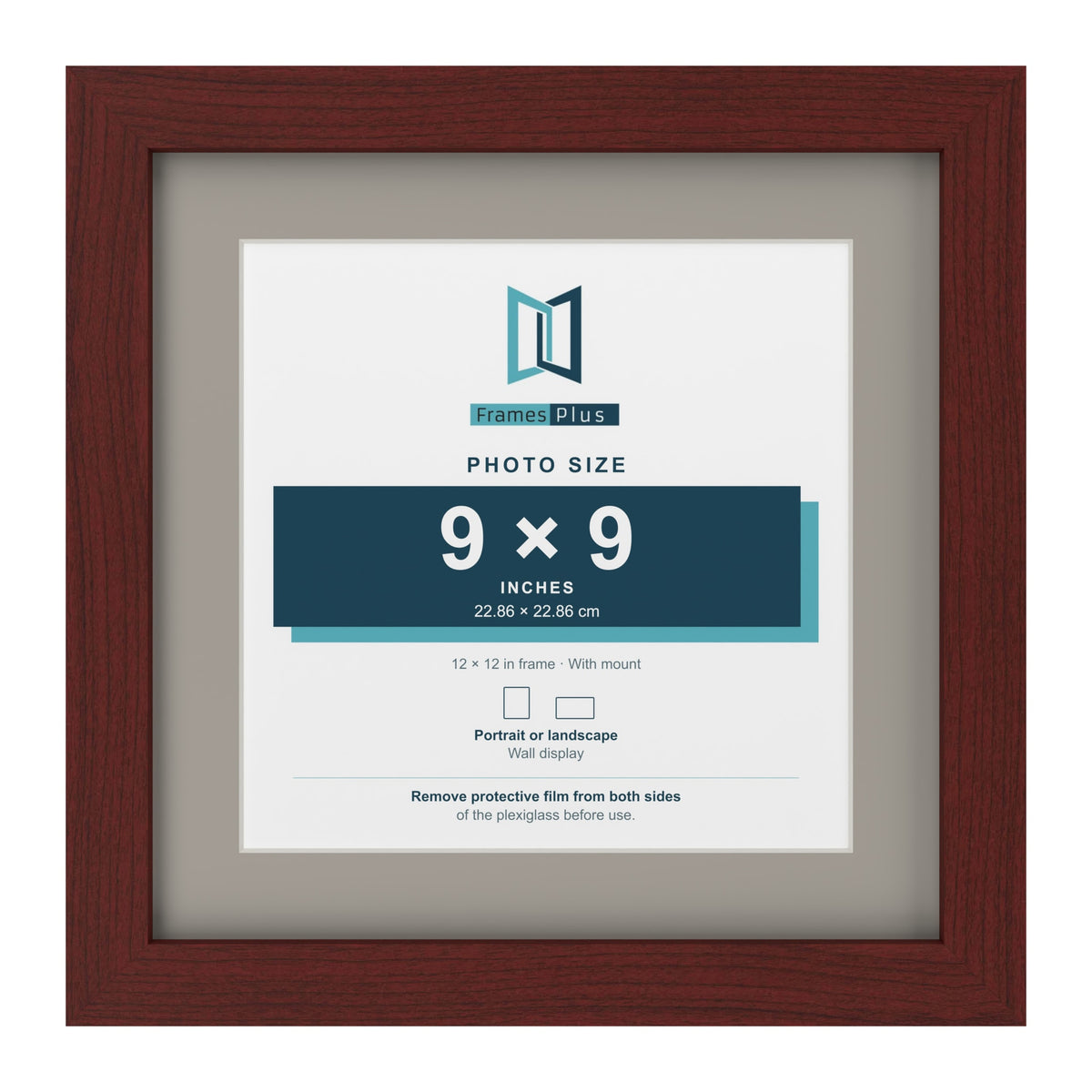 Mahogany 12 x 12 inch picture frame with a Dawn Grey mount for a 9 x 9 inch photo