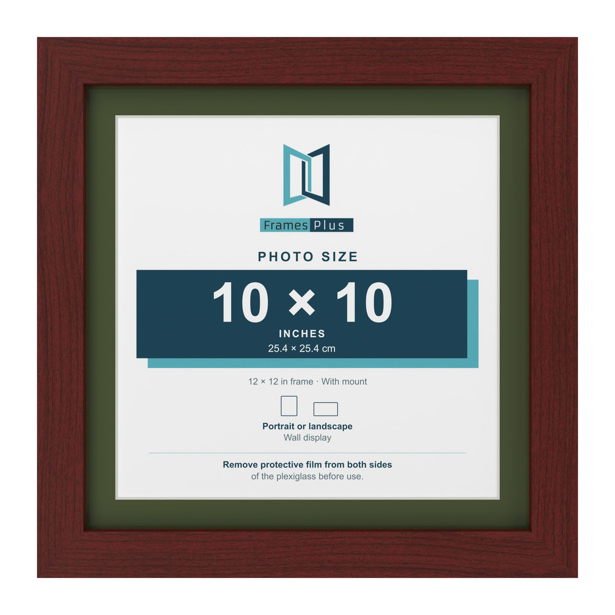 Mahogany 12 x 12 inch picture frame with a green mount for a 10 x 10 inch photo