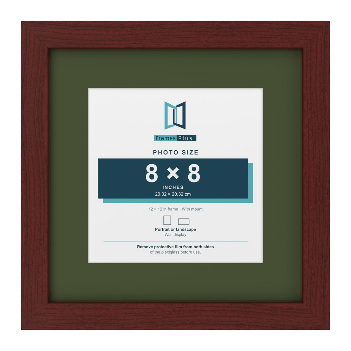 Mahogany 12 x 12 inch picture frame with a green mount for an 8 x 8 inch photo