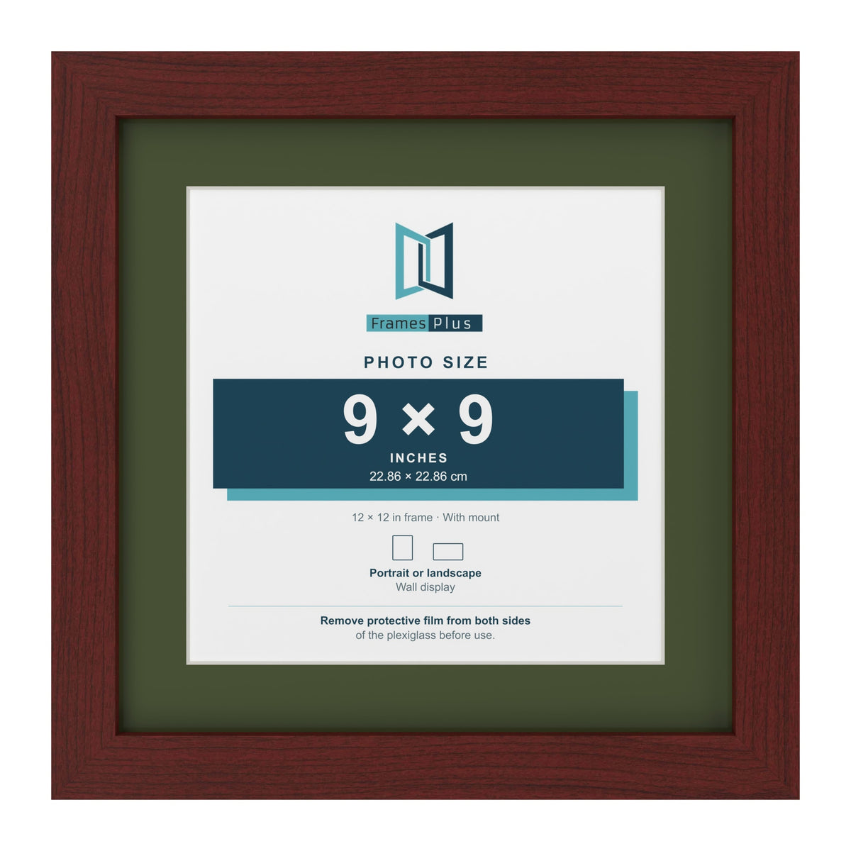 Mahogany 12 x 12 inch picture frame with a green mount for a 9 x 9 inch photo