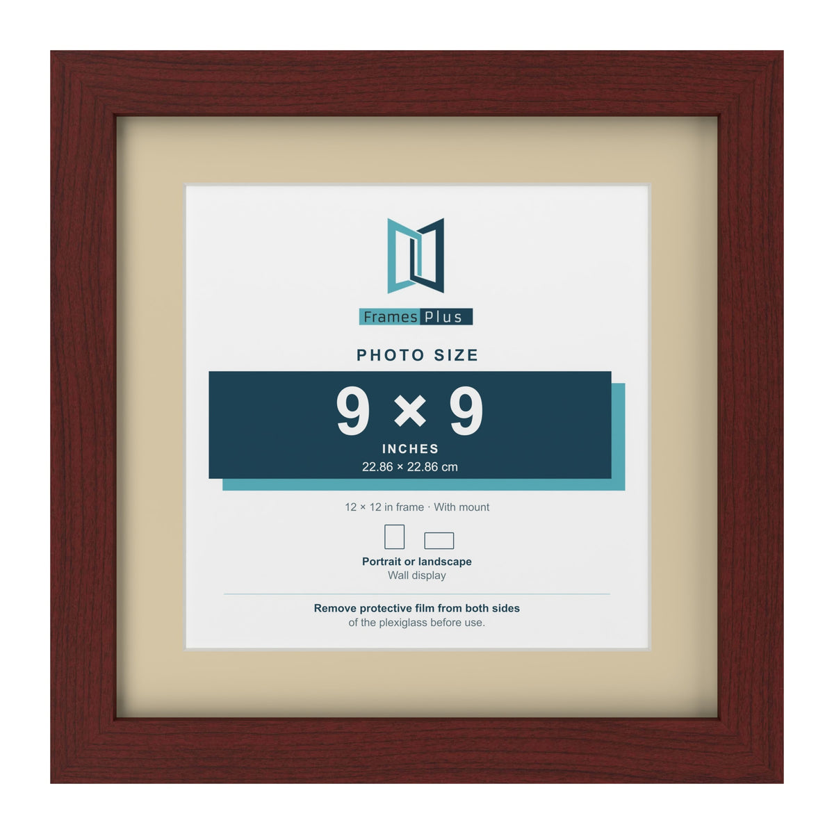 Mahogany 12 x 12 inch picture frame with an ivory mount for a 9 x 9 inch photo