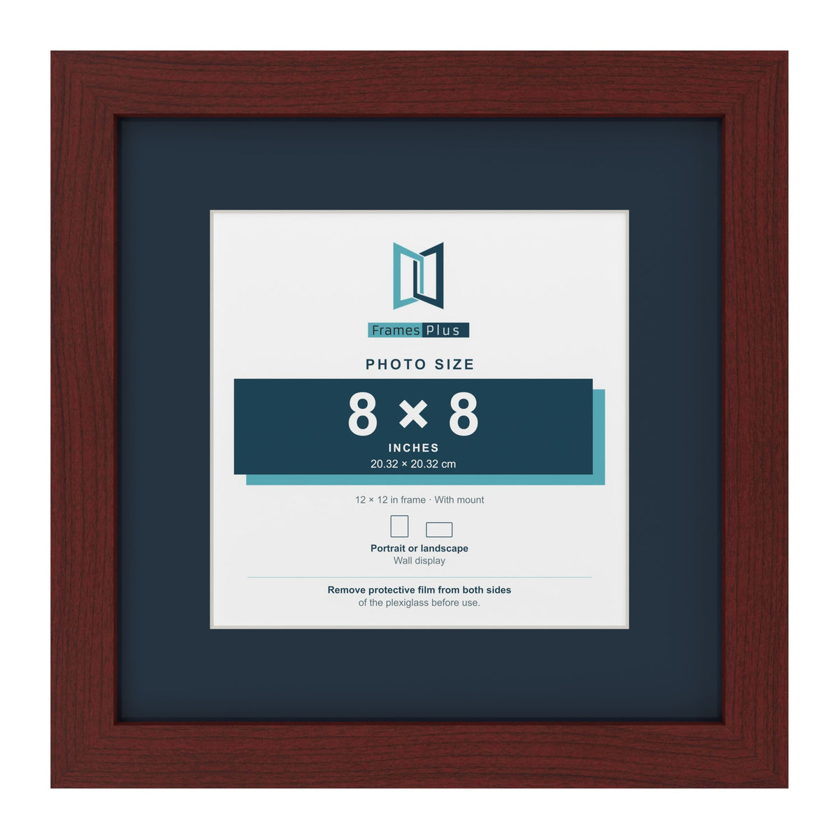 Mahogany 12 x 12 inch picture frame with a Pacific Blue mount for an 8 x 8 inch photo
