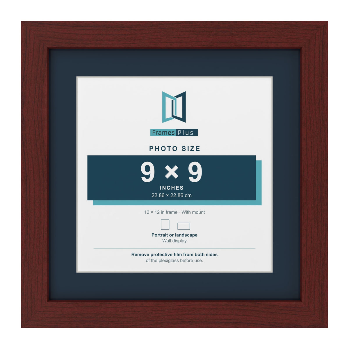 Mahogany 12 x 12 inch picture frame with a Pacific Blue mount for a 9 x 9 inch photo
