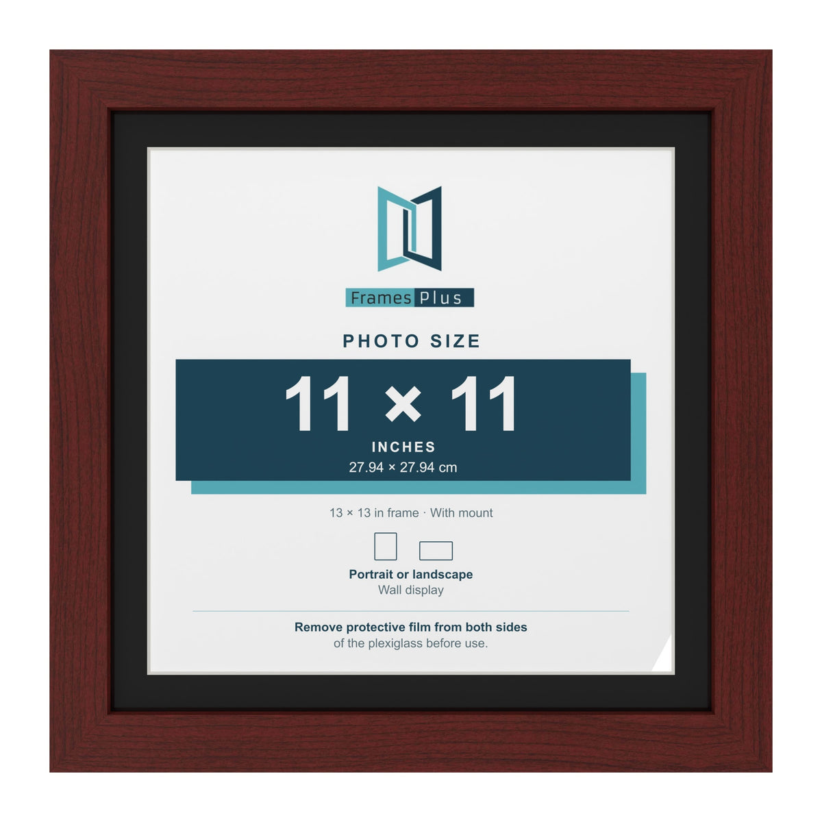 Mahogany 13 x 13 inch picture frame with a black mount for an 11 x 11 inch photo
