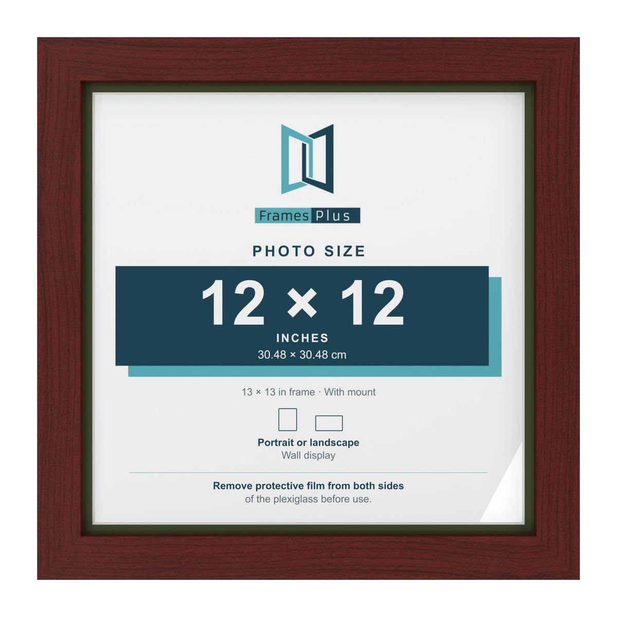 Mahogany 13 x 13 inch picture frame with a green mount for a 12 x 12 inch photo