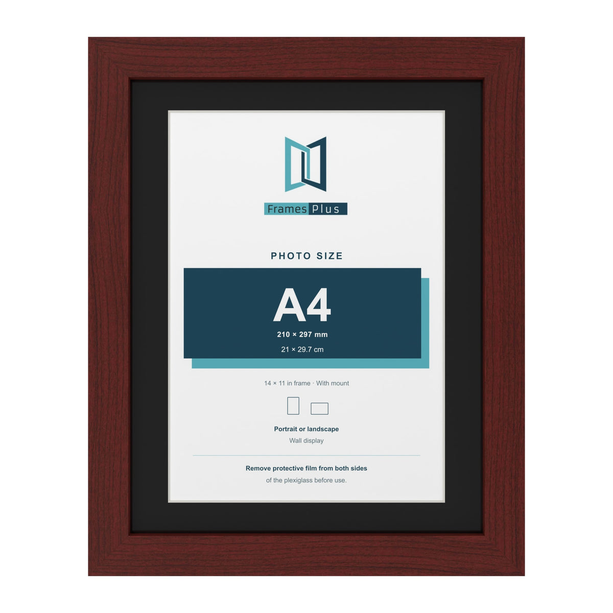 Mahogany 14 x 11 inch picture frame with a black mount for an A4 photo