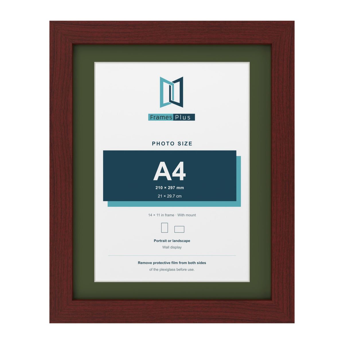Mahogany 14 x 11 inch picture frame with a green mount for an A4 photo