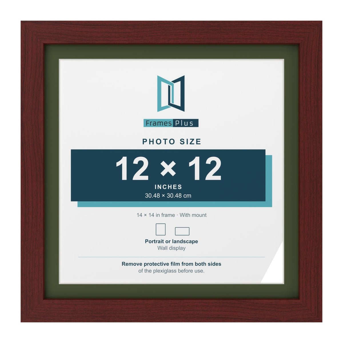 Mahogany 14 x 14 inch picture frame with a green mount for a 12 x 12 inch photo