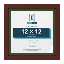 Mahogany 14 x 14 inch picture frame with a green mount for a 12 x 12 inch photo