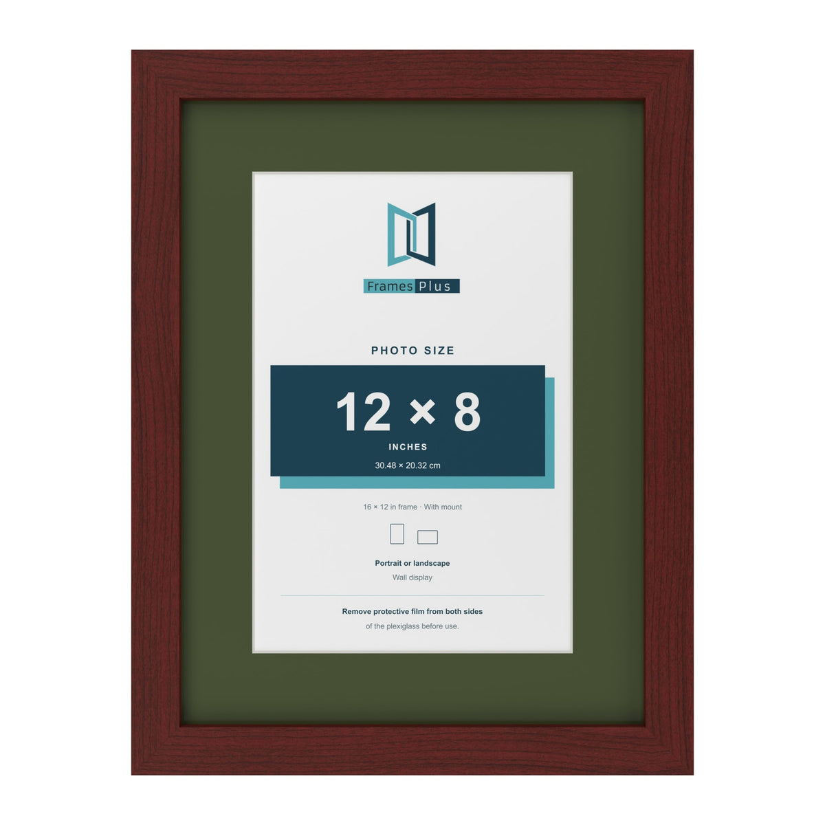 Mahogany 16 x 12 inch picture frame with a green mount for a 12 x 8 inch photo