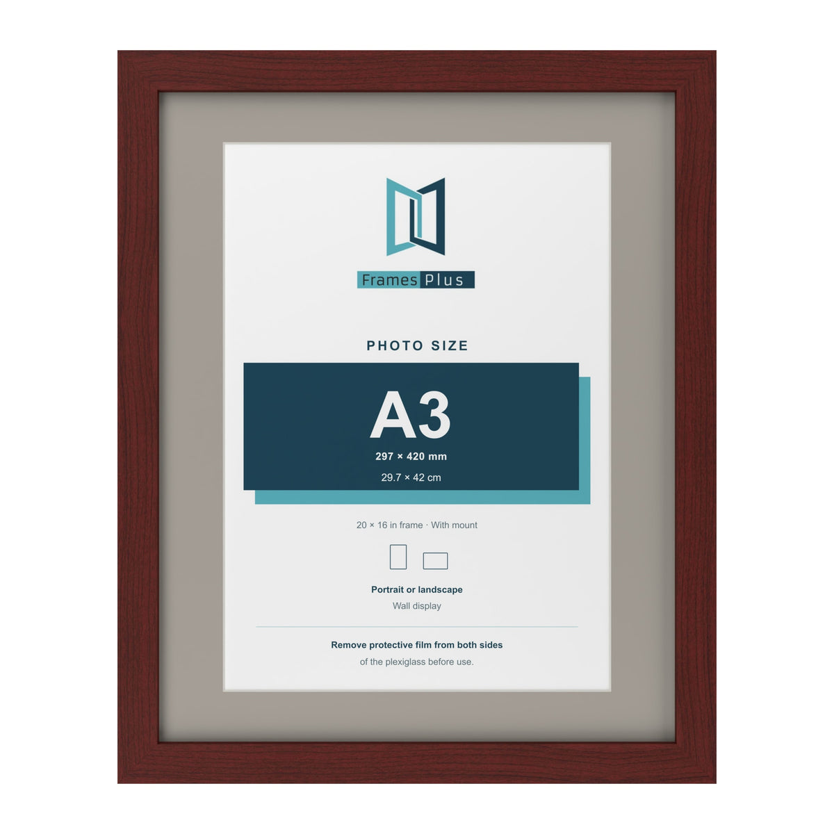 Mahogany 20 x 16 inch picture frame with a Dawn Grey mount for an A3 photo