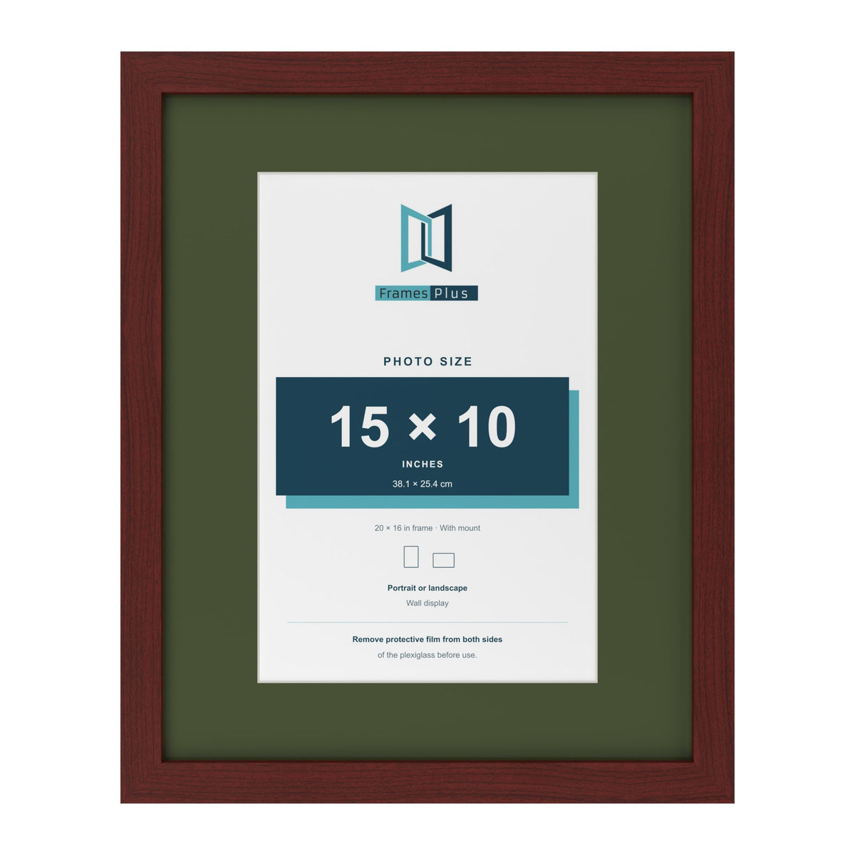 Mahogany 20 x 16 inch picture frame with a green mount for a 15 x 10 inch photo