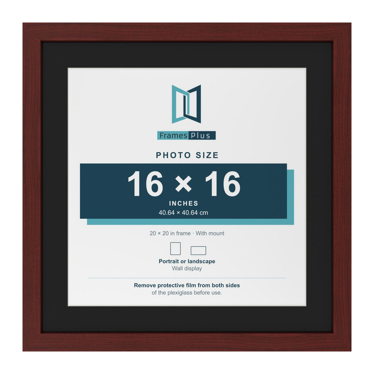 Mahogany 20 x 20 inch picture frame with a black mount for a 16 x 16 inch photo