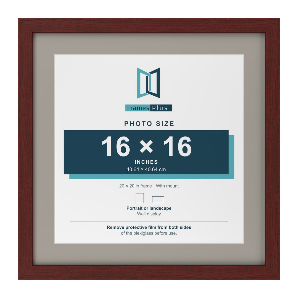 Mahogany 20 x 20 inch picture frame with a Dawn Grey mount for a 16 x 16 inch photo