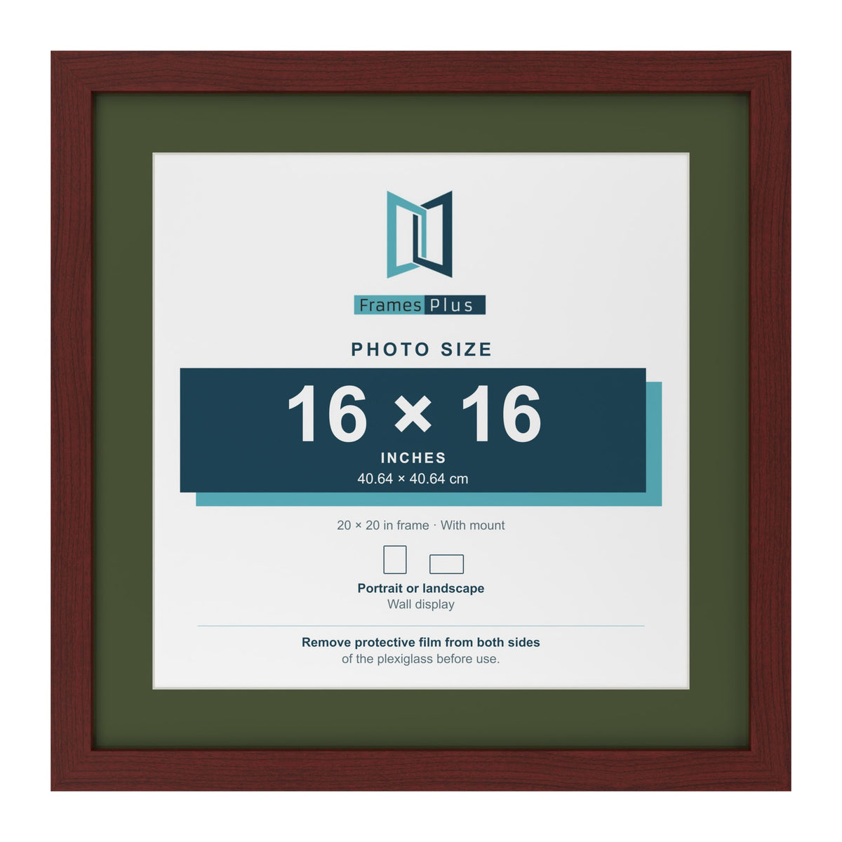 Mahogany 20 x 20 inch picture frame with a green mount for a 16 x 16 inch photo