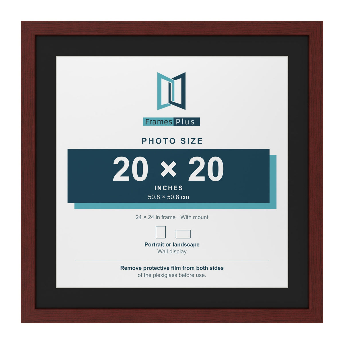 Mahogany 24 x 24 inch picture frame with a black mount for a 20 x 20 inch photo