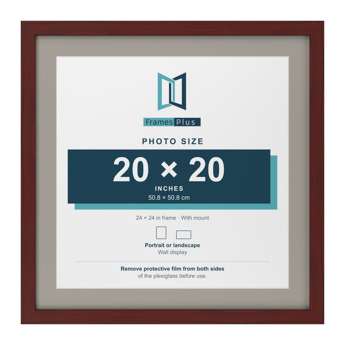 Mahogany 24 x 24 inch picture frame with a Dawn Grey mount for a 20 x 20 inch photo