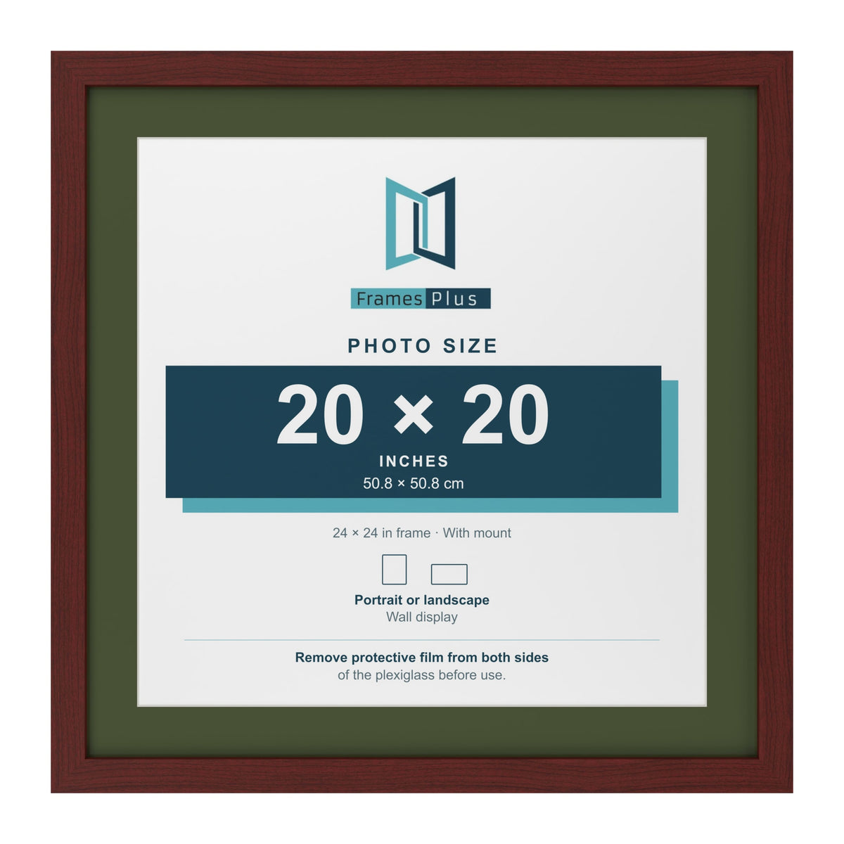 Mahogany 24 x 24 inch picture frame with a green mount for a 20 x 20 inch photo