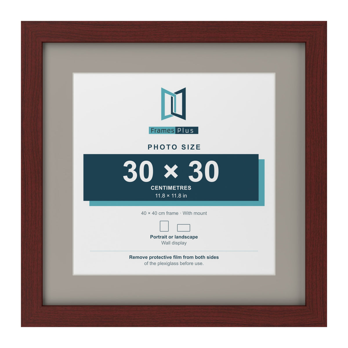 Mahogany 40 x 40 cm picture frame with a Dawn Grey mount for a 30 x 30 cm photo
