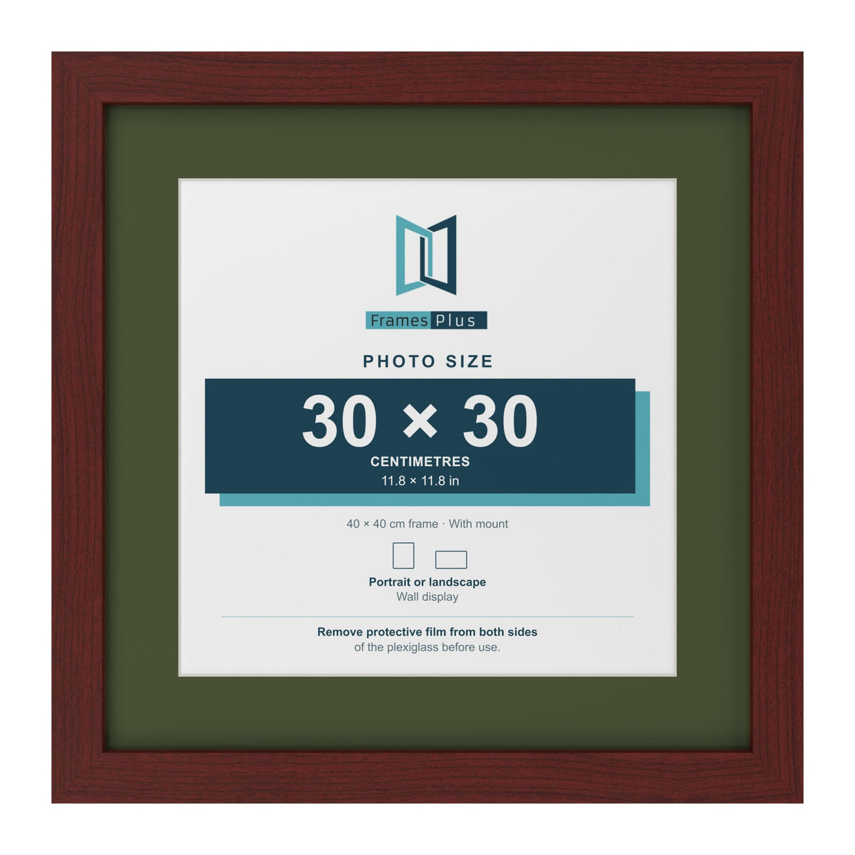 Mahogany 40 x 40 cm picture frame with a green mount for a 30 x 30 cm photo