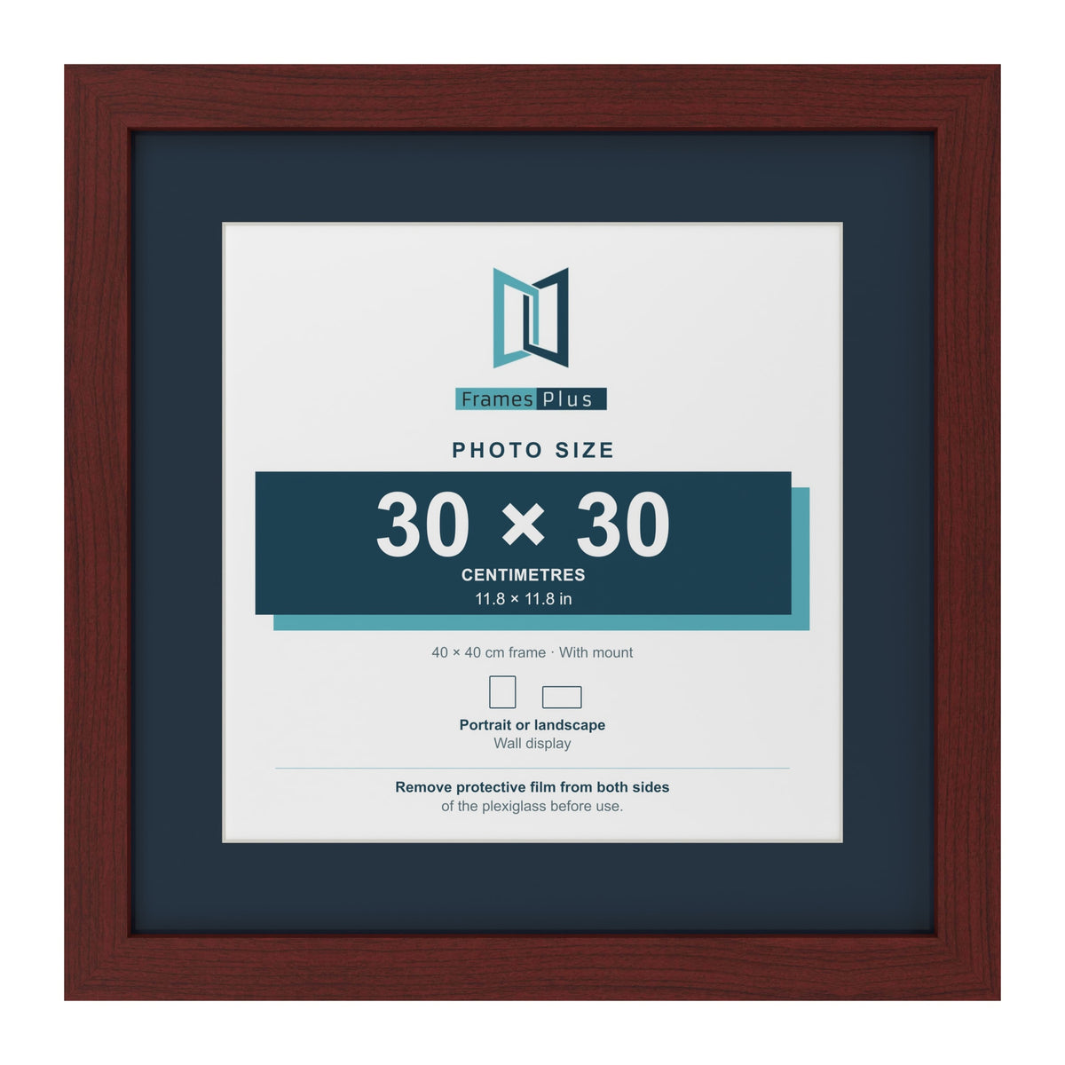 Mahogany 40 x 40 cm picture frame with a Pacific Blue mount for a 30 x 30 cm photo