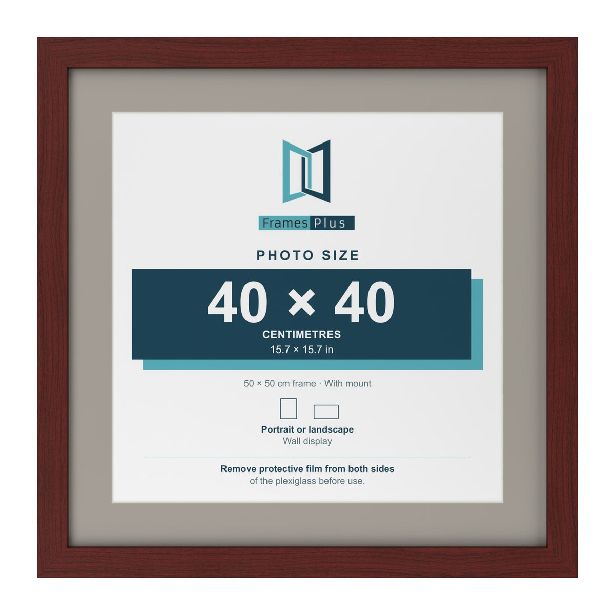 Mahogany 50 x 50 cm picture frame with a Dawn Grey mount for a 40 x 40 cm photo