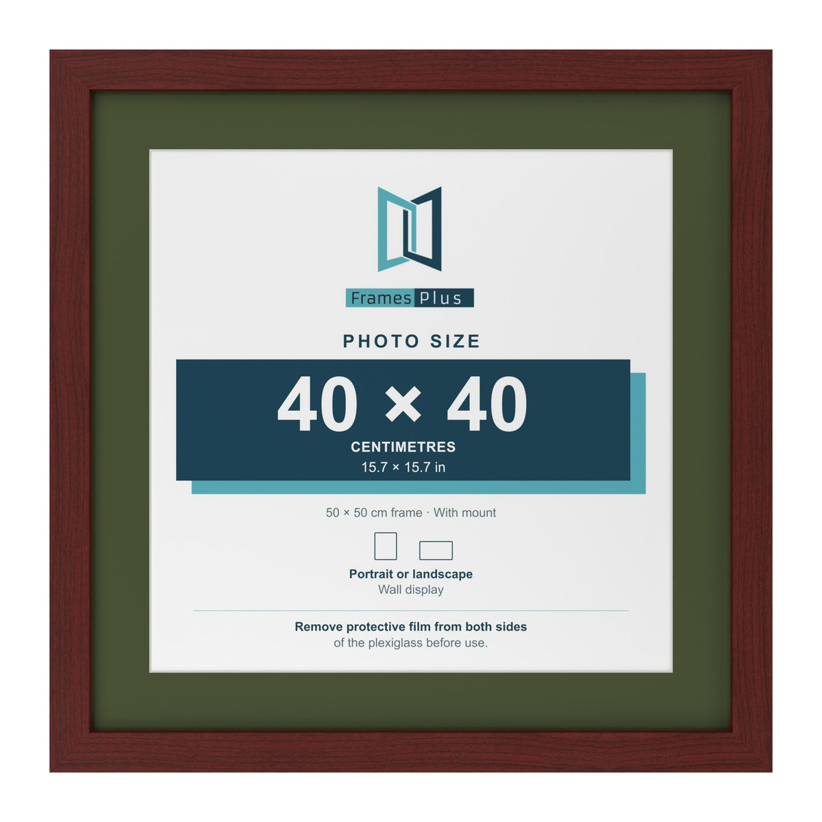 Mahogany 50 x 50 cm picture frame with a green mount for a 40 x 40 cm photo