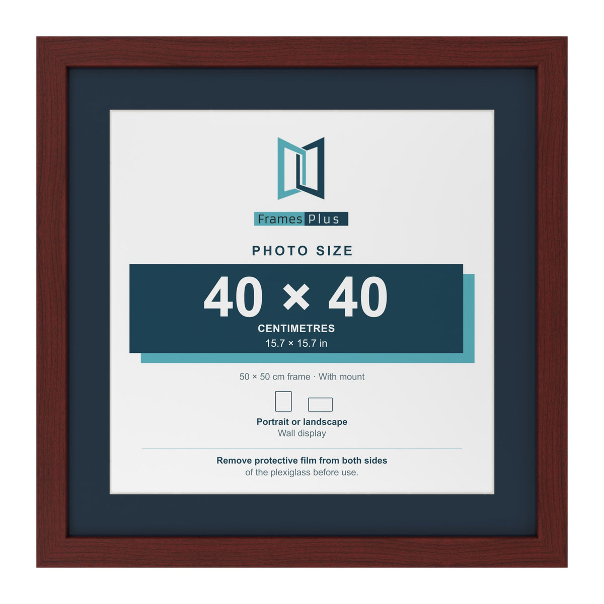 Mahogany 50 x 50 cm picture frame with a Pacific Blue mount for a 40 x 40 cm photo