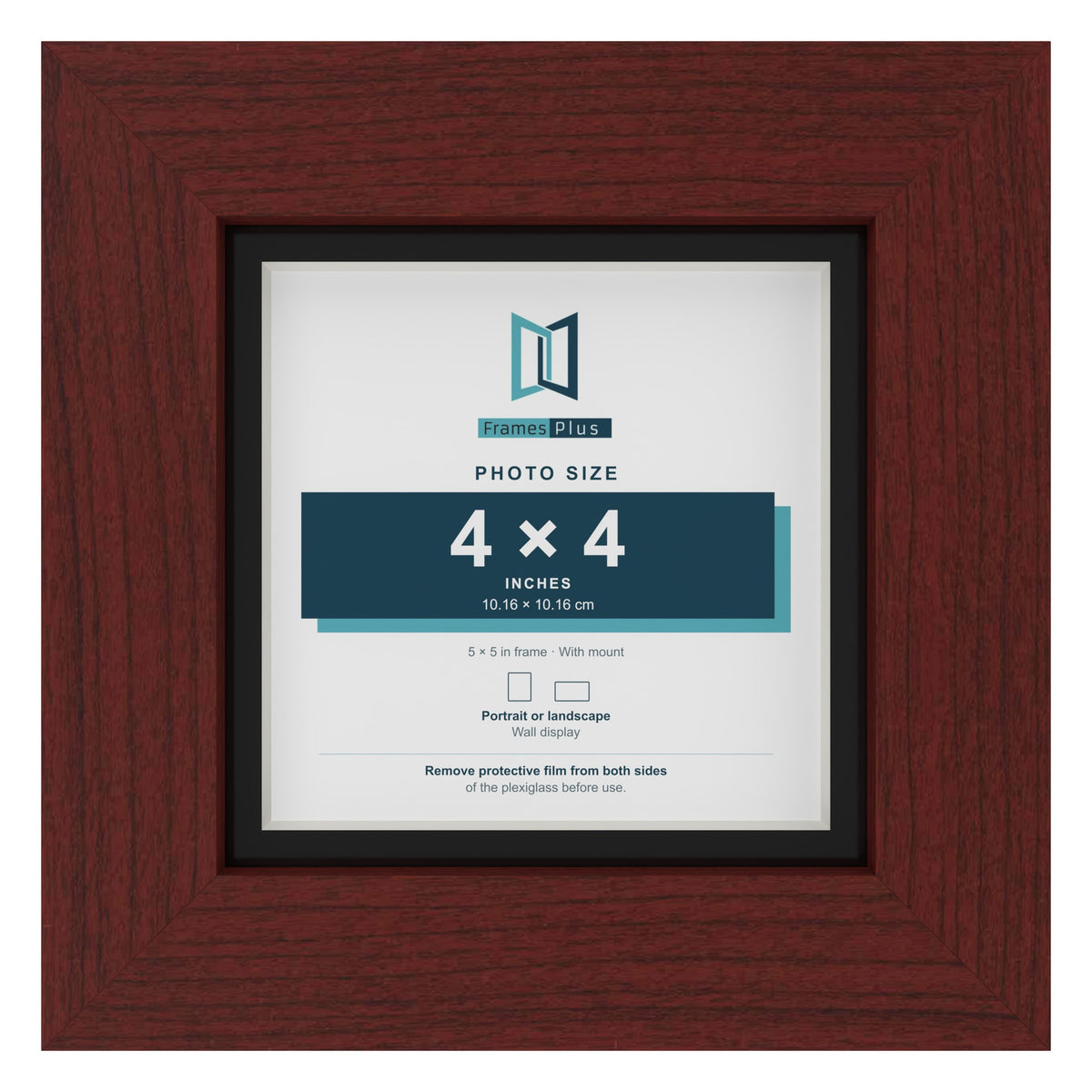 Mahogany 5 x 5 inch picture frame with a black mount for a 4 x 4 inch photo
