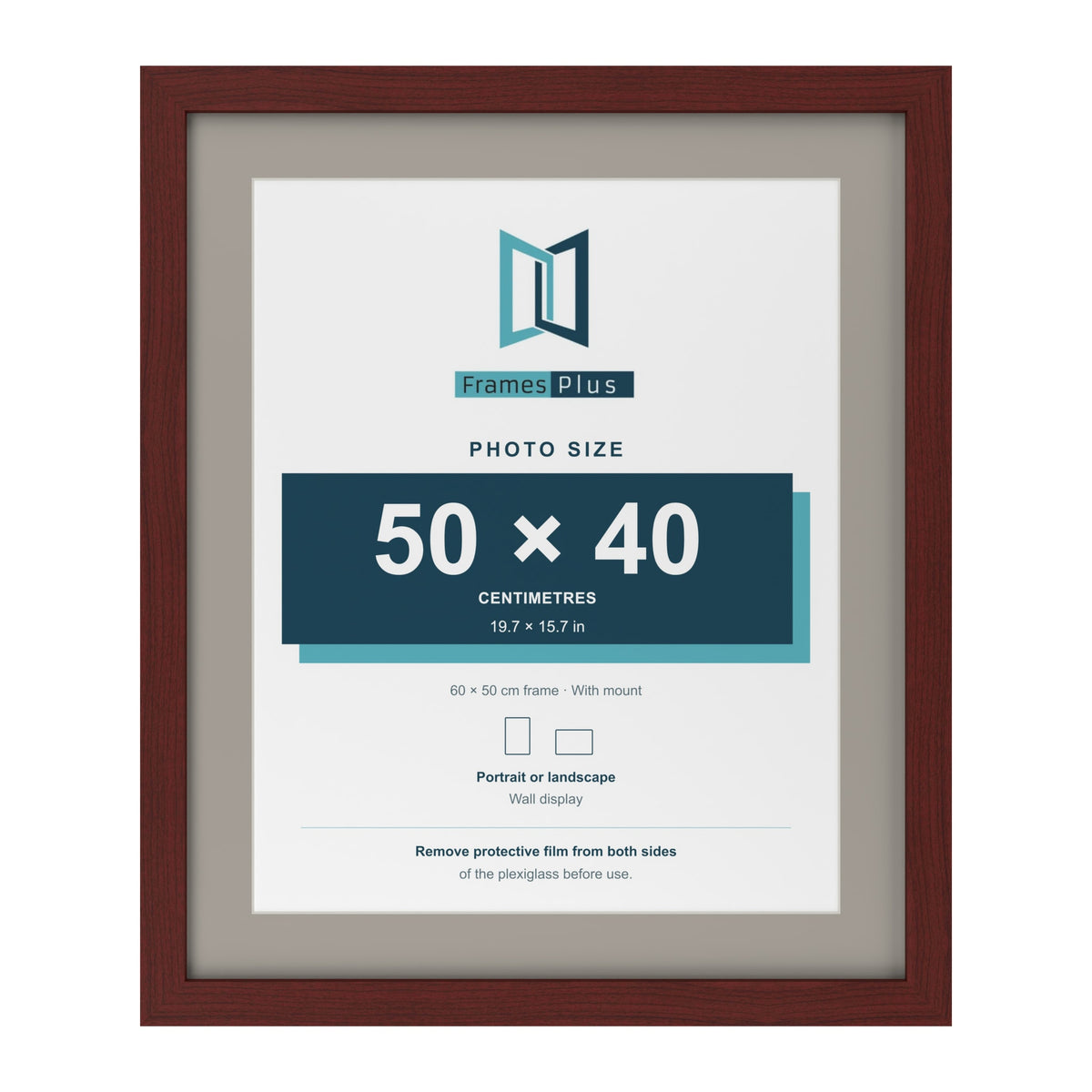 Mahogany 60 x 50 cm picture frame with a Dawn Grey mount for a 50 x 40 cm photo