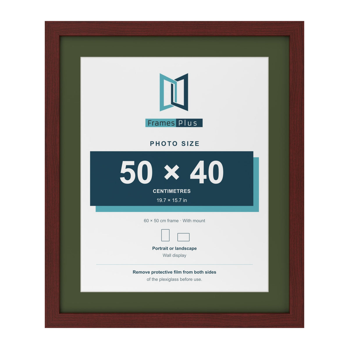 Mahogany 60 x 50 cm picture frame with a green mount for a 50 x 40 cm photo