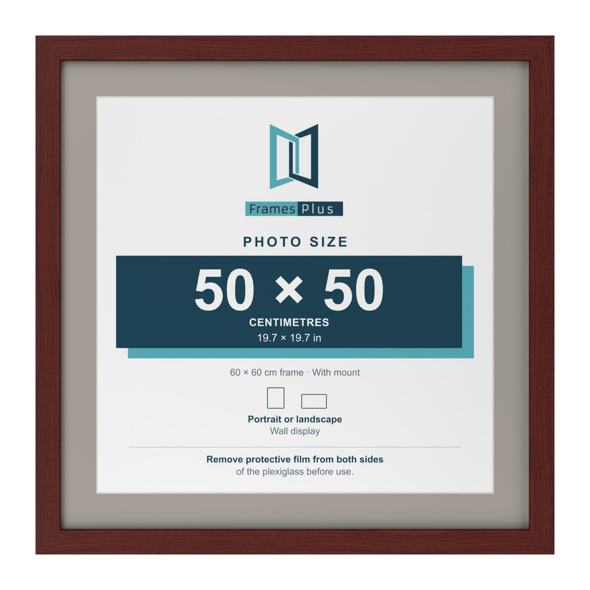 Mahogany 60 x 60 cm picture frame with a Dawn Grey mount for a 50 x 50 cm photo