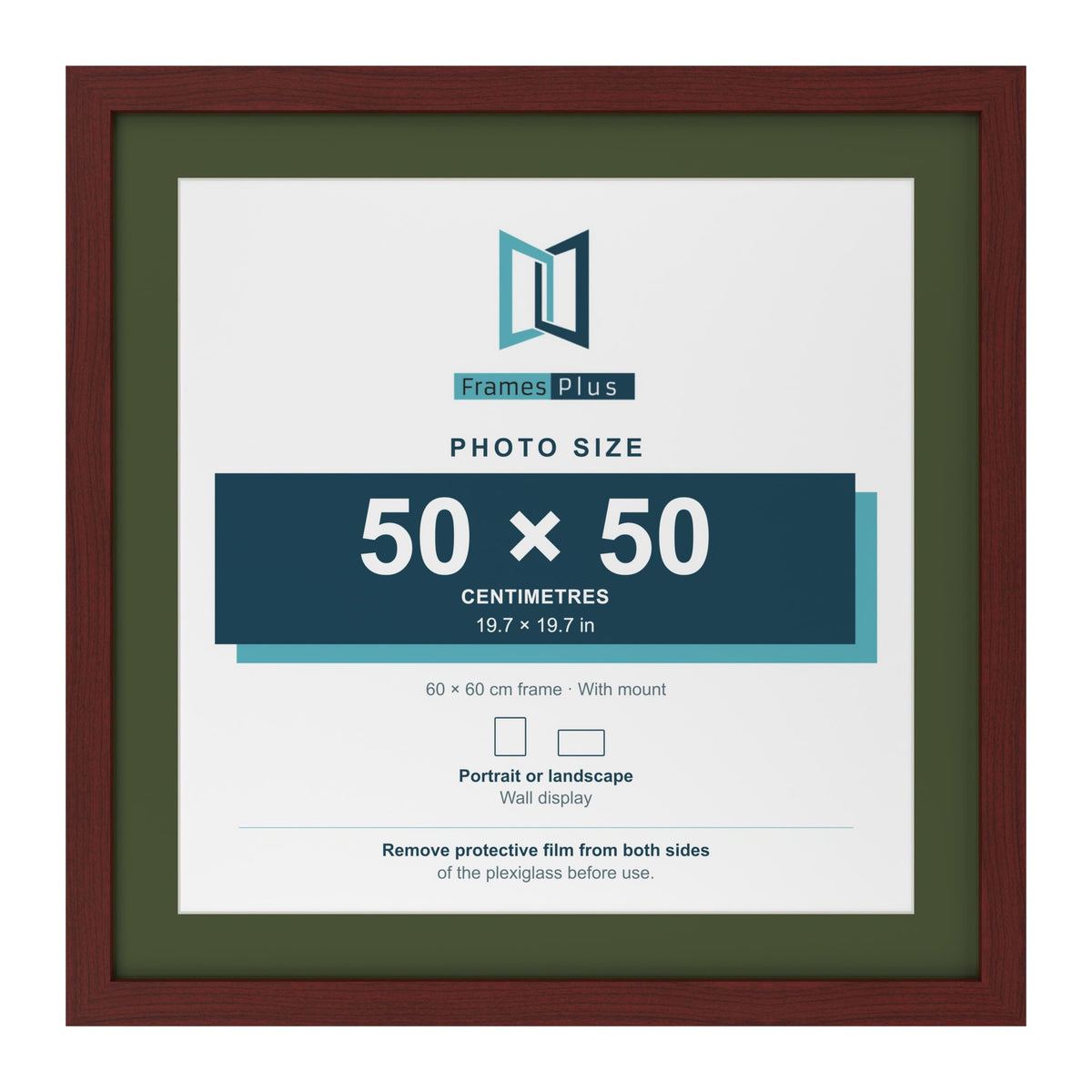 Mahogany 60 x 60 cm picture frame with a green mount for a 50 x 50 cm photo
