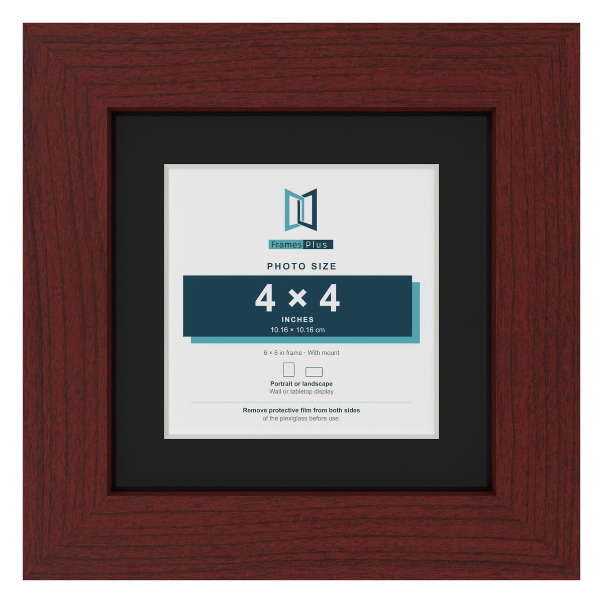 Mahogany 6 x 6 inch picture frame with a black mount for a 4 x 4 inch photo