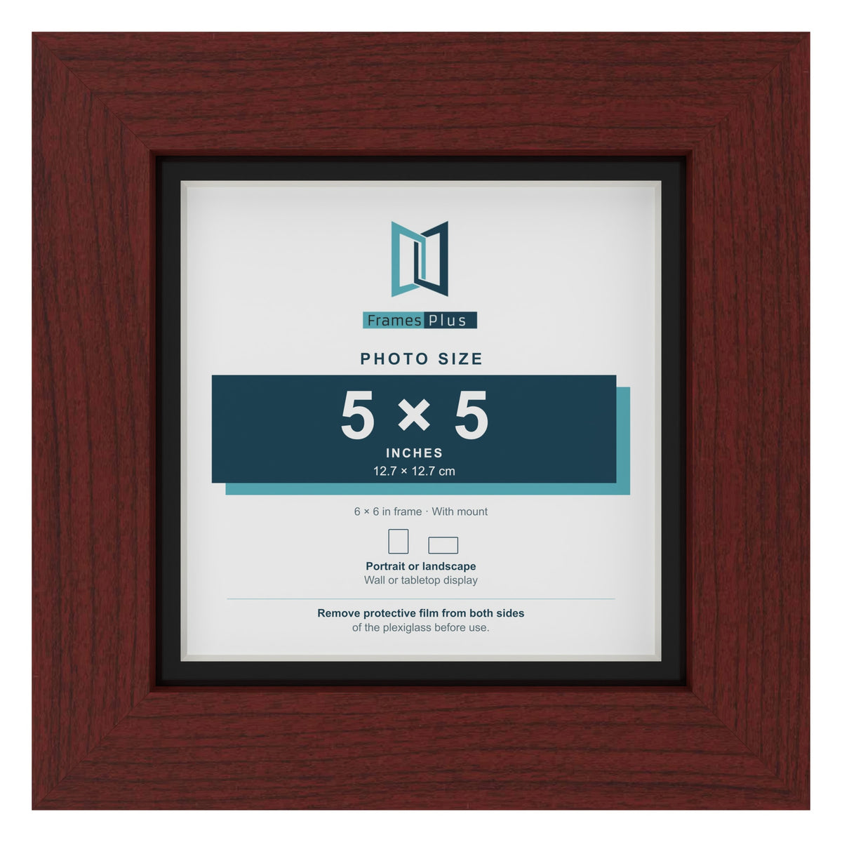Mahogany 6 x 6 inch picture frame with a black mount for a 5 x 5 inch photo