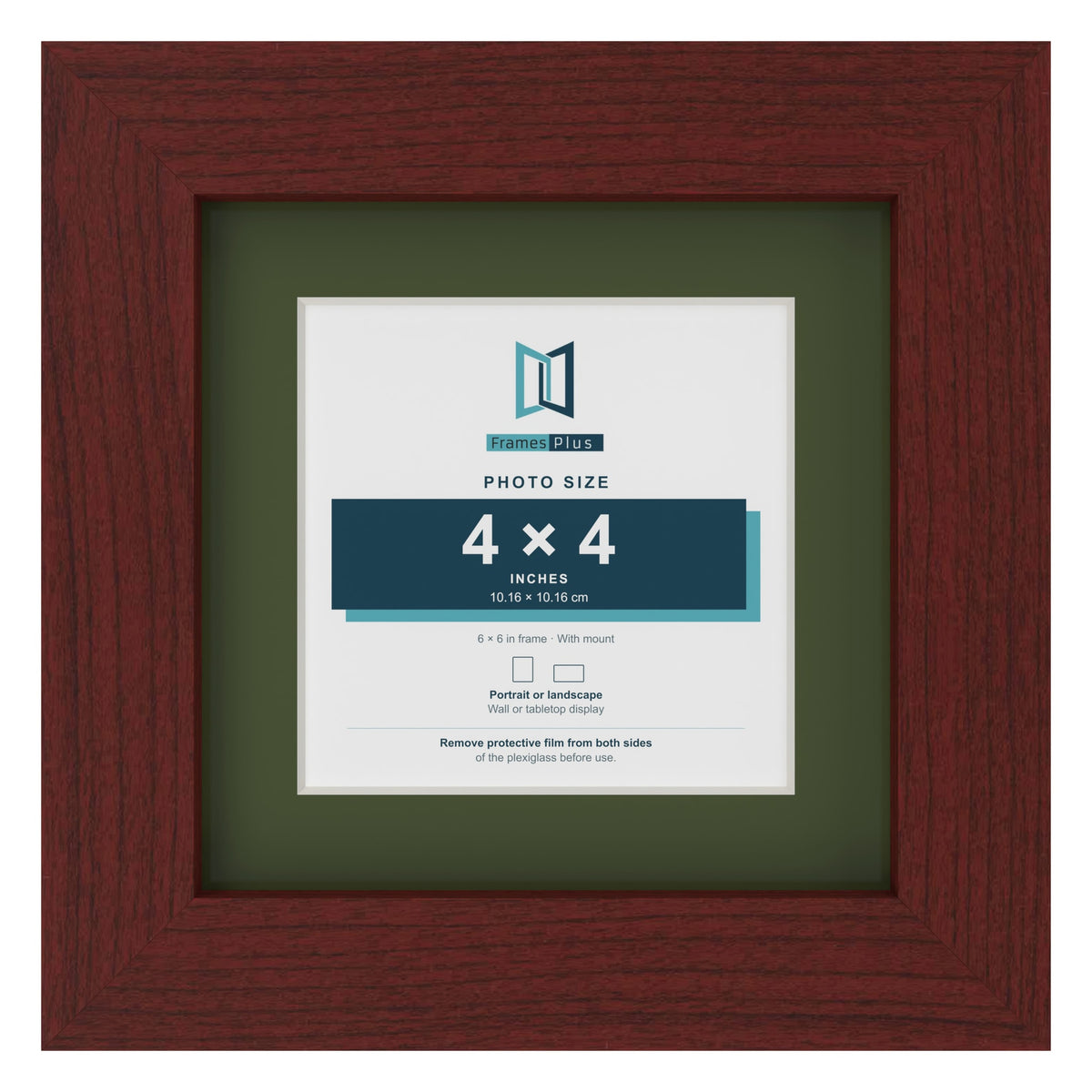 Mahogany 6 x 6 inch picture frame with a green mount for a 4 x 4 inch photo