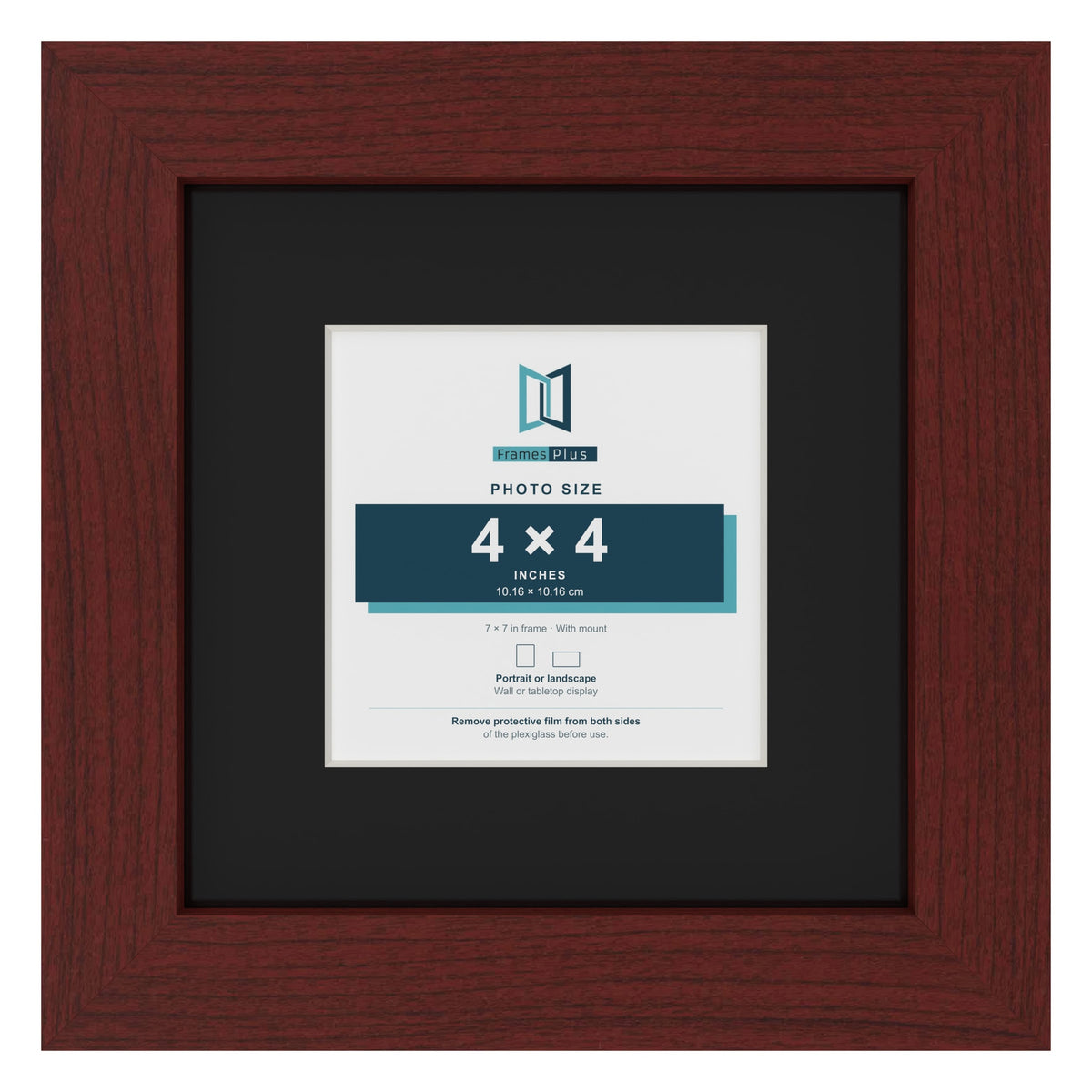 Mahogany 7 x 7 inch picture frame with a black mount for a 4 x 4 inch photo