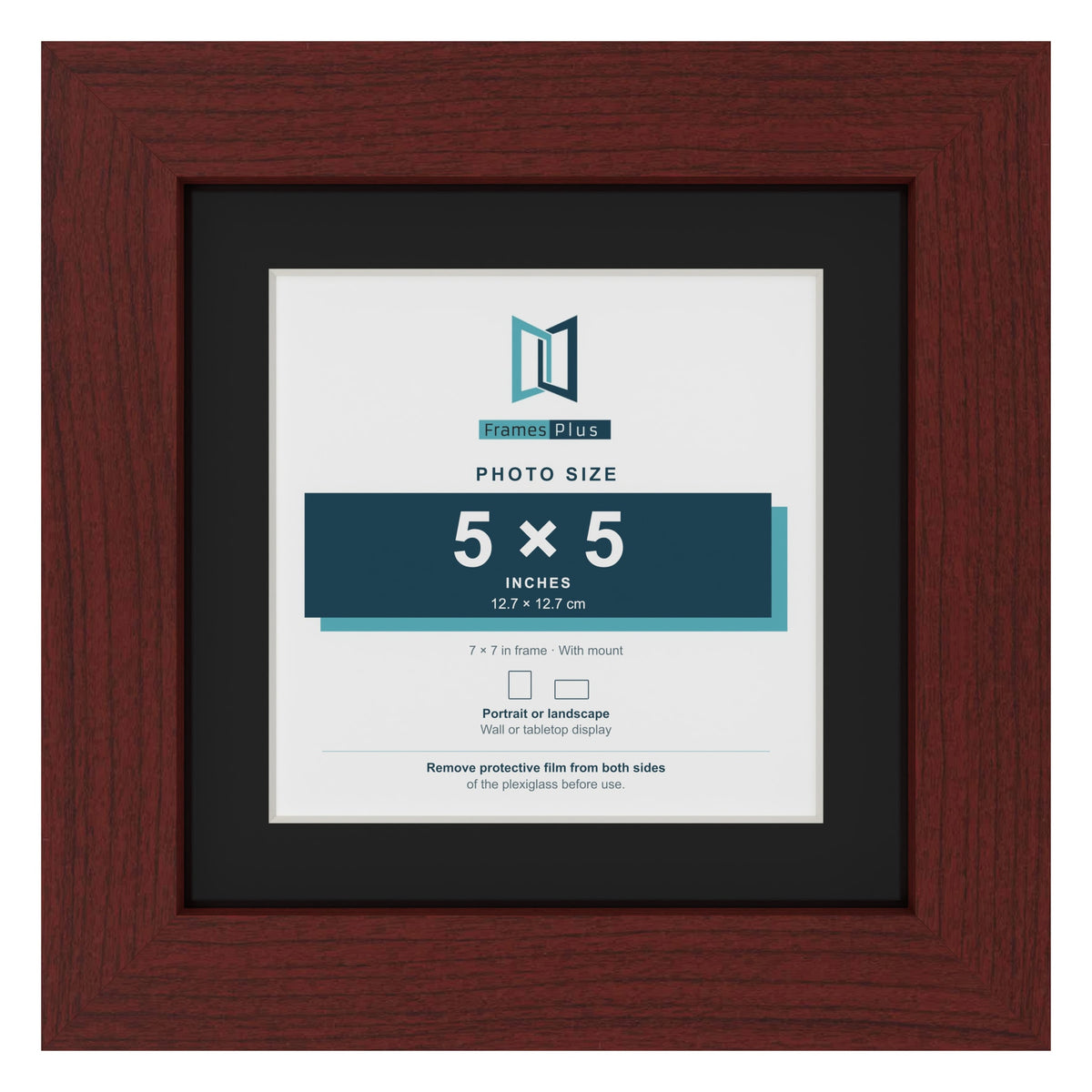 Mahogany 7 x 7 inch picture frame with a black mount for a 5 x 5 inch photo
