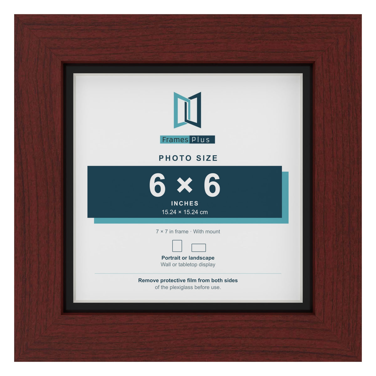 Mahogany 7 x 7 inch picture frame with a black mount for a 6 x 6 inch photo
