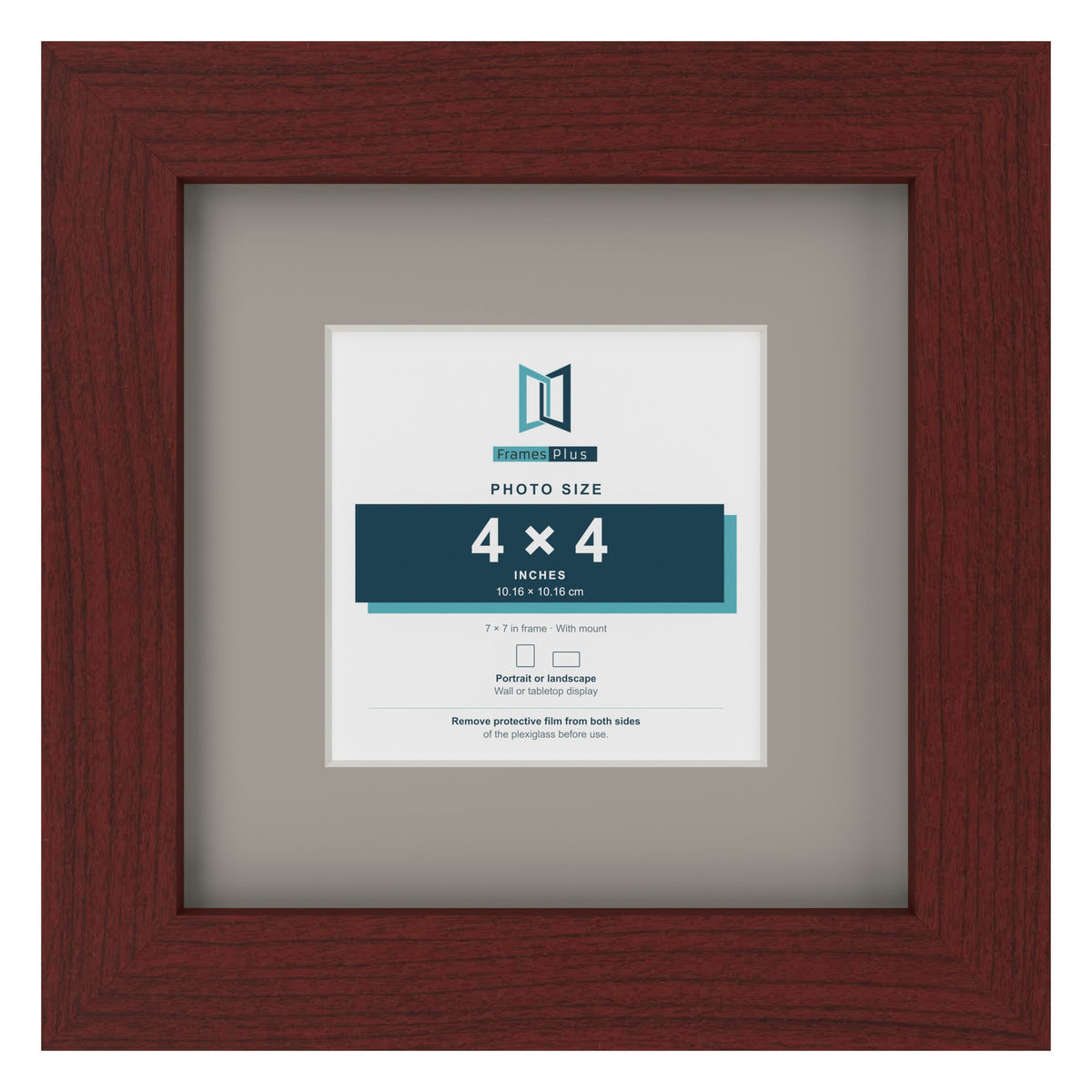 Mahogany 7 x 7 inch picture frame with a Dawn Grey mount for a 4 x 4 inch photo