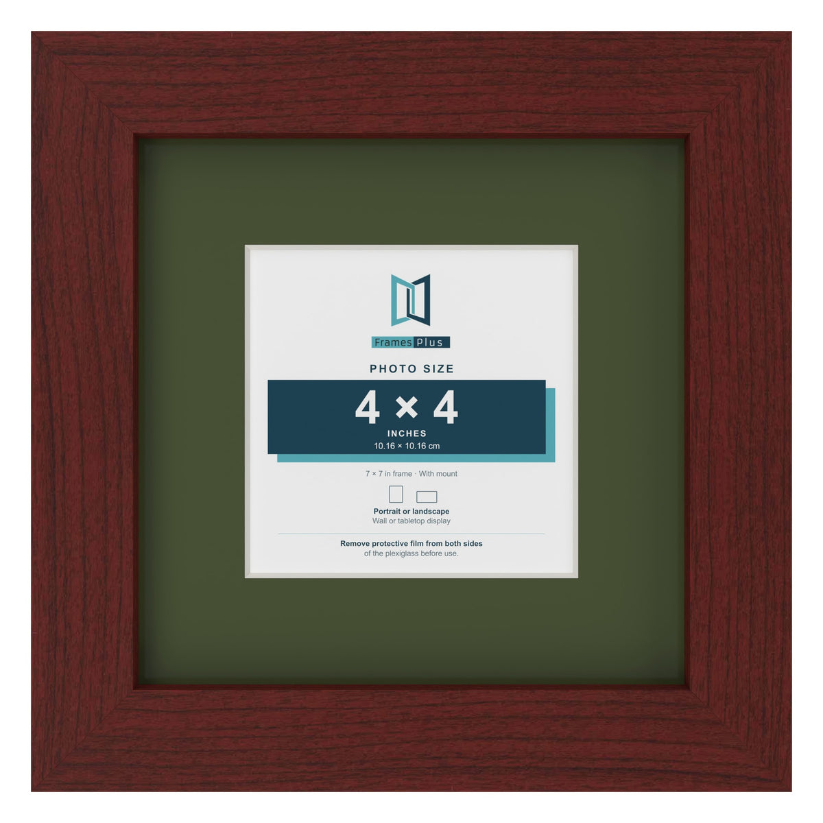 Mahogany 7 x 7 inch picture frame with a green mount for a 4 x 4 inch photo