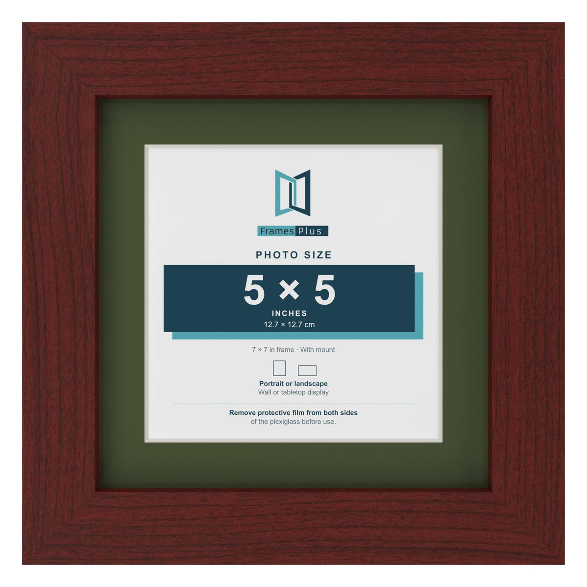 Mahogany 7 x 7 inch picture frame with a green mount for a 5 x 5 inch photo