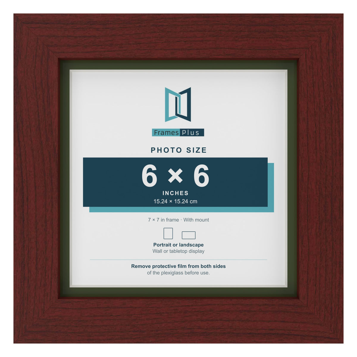 Mahogany 7 x 7 inch picture frame with a green mount for a 6 x 6 inch photo