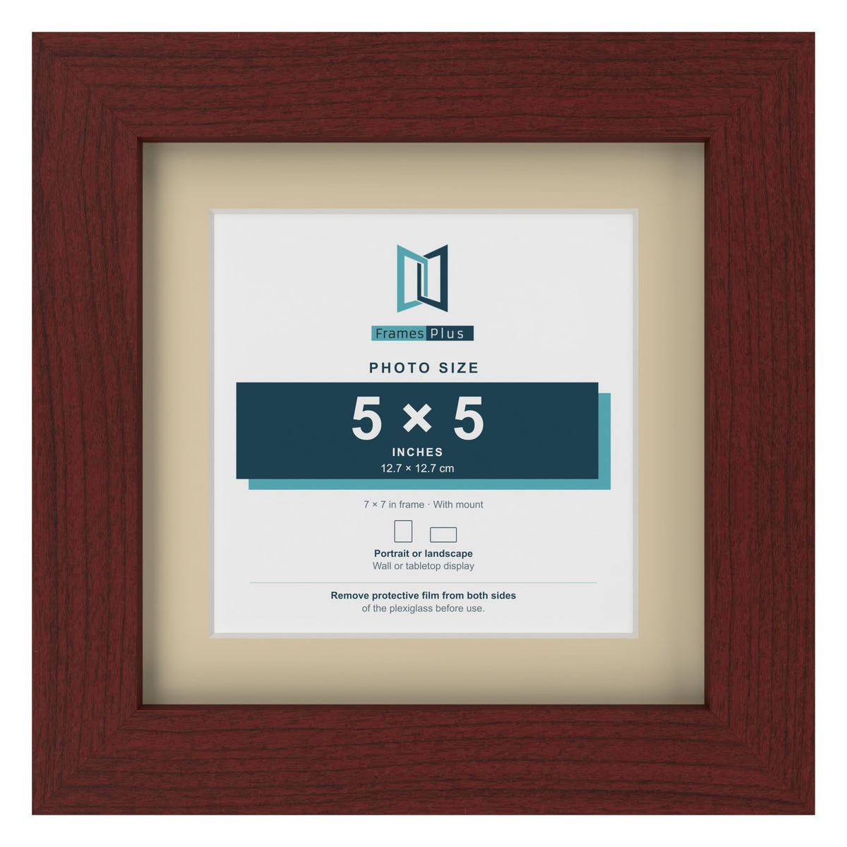 Mahogany 7 x 7 inch picture frame with an ivory mount for a 5 x 5 inch photo