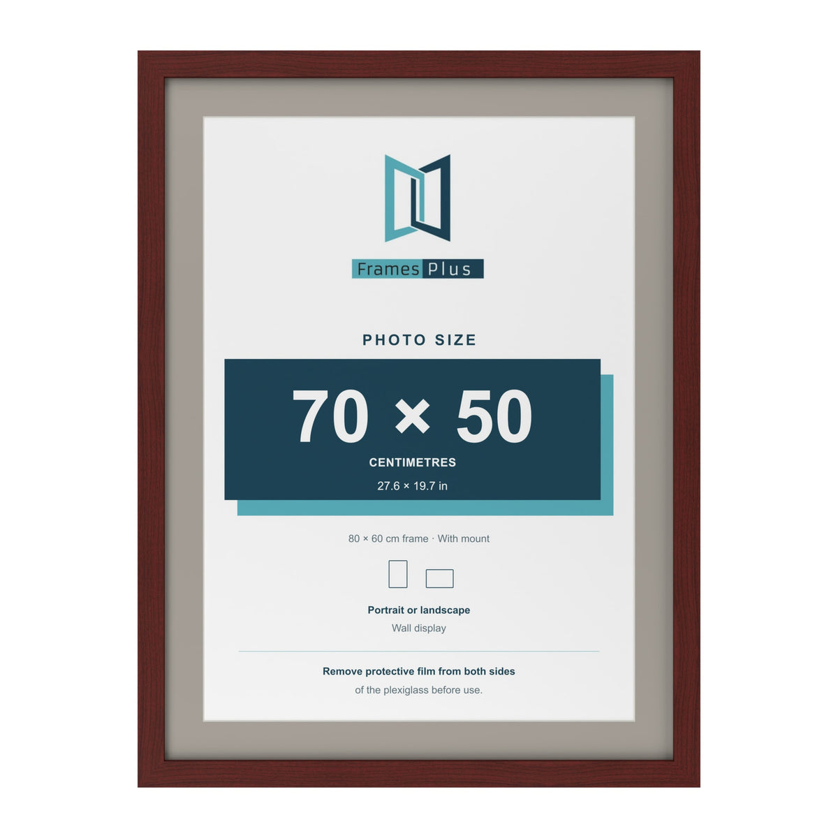 Mahogany 80 x 60 cm picture frame with a Dawn Grey mount for a 70 x 50 cm photo