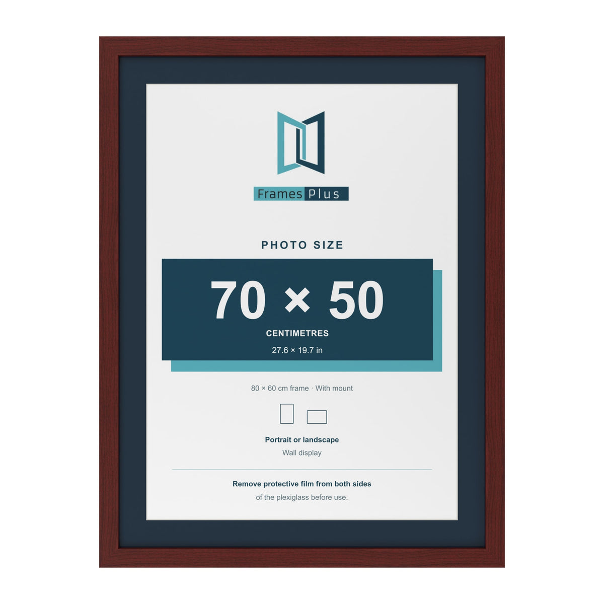 Mahogany 80 x 60 cm picture frame with a Pacific Blue mount for a 70 x 50 cm photo