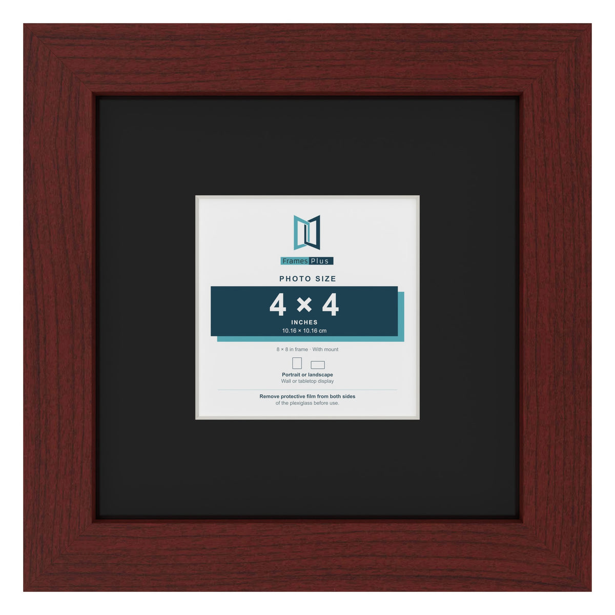 Mahogany 8 x 8 inch picture frame with a black mount for a 4 x 4 inch photo