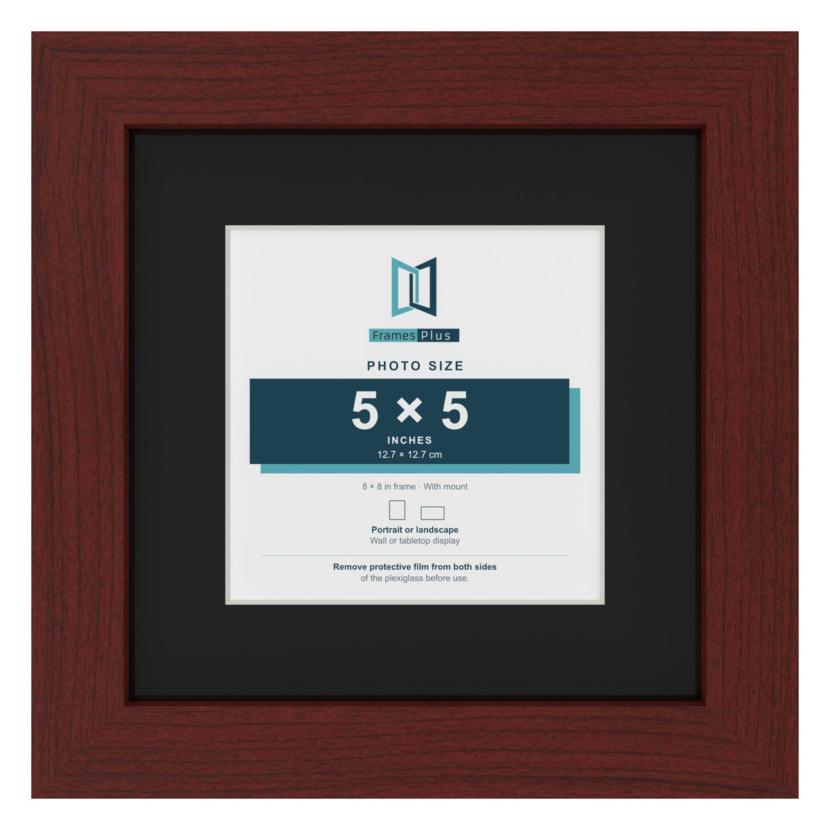 Mahogany 8 x 8 inch picture frame with a black mount for a 5 x 5 inch photo