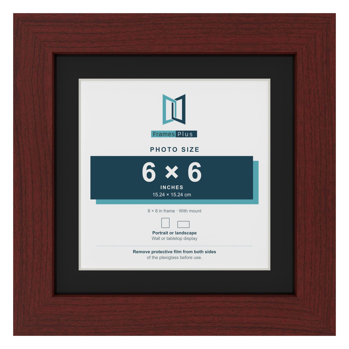 Mahogany 8 x 8 inch picture frame with a black mount for a 6 x 6 inch photo