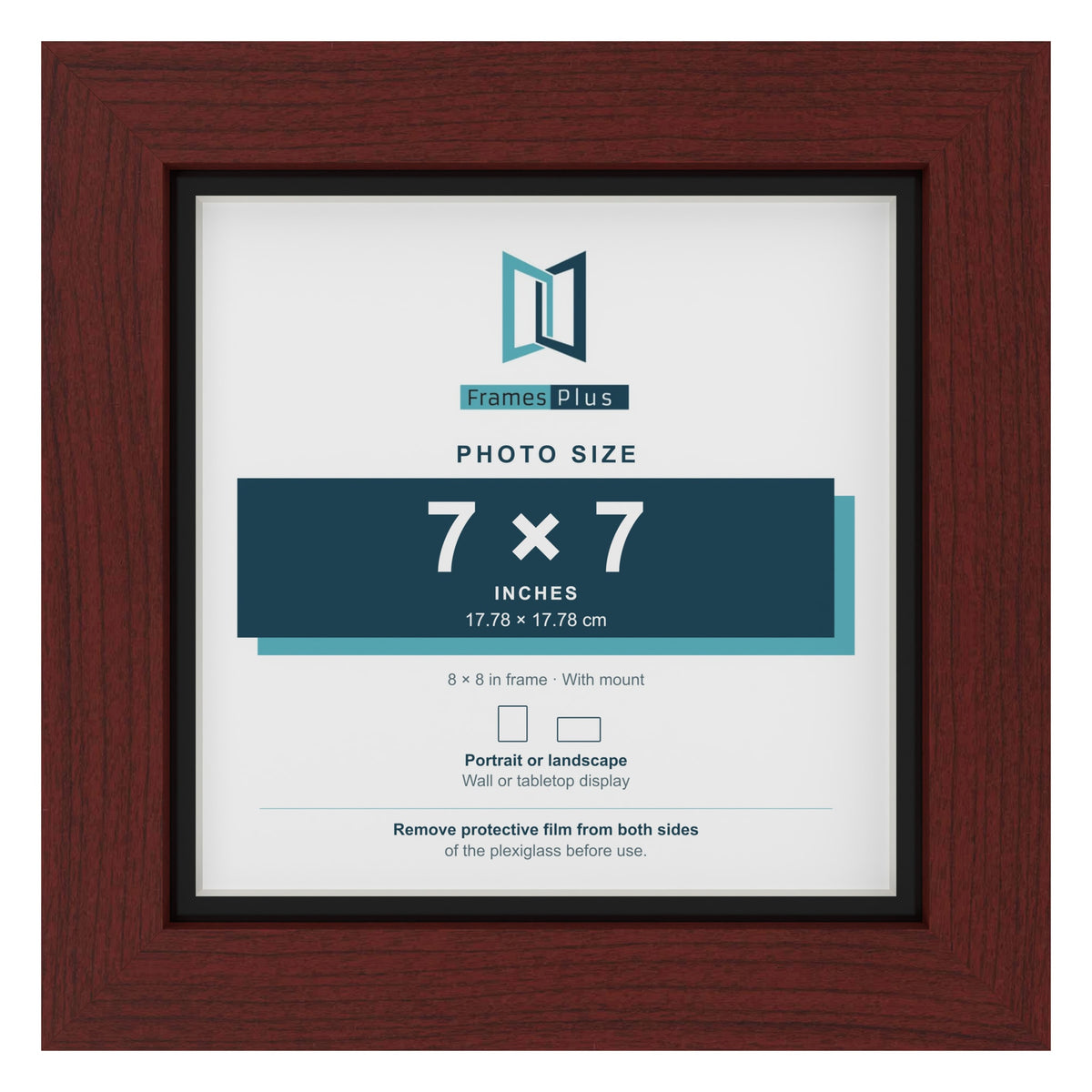 Mahogany 8 x 8 inch picture frame with a black mount for a 7 x 7 inch photo